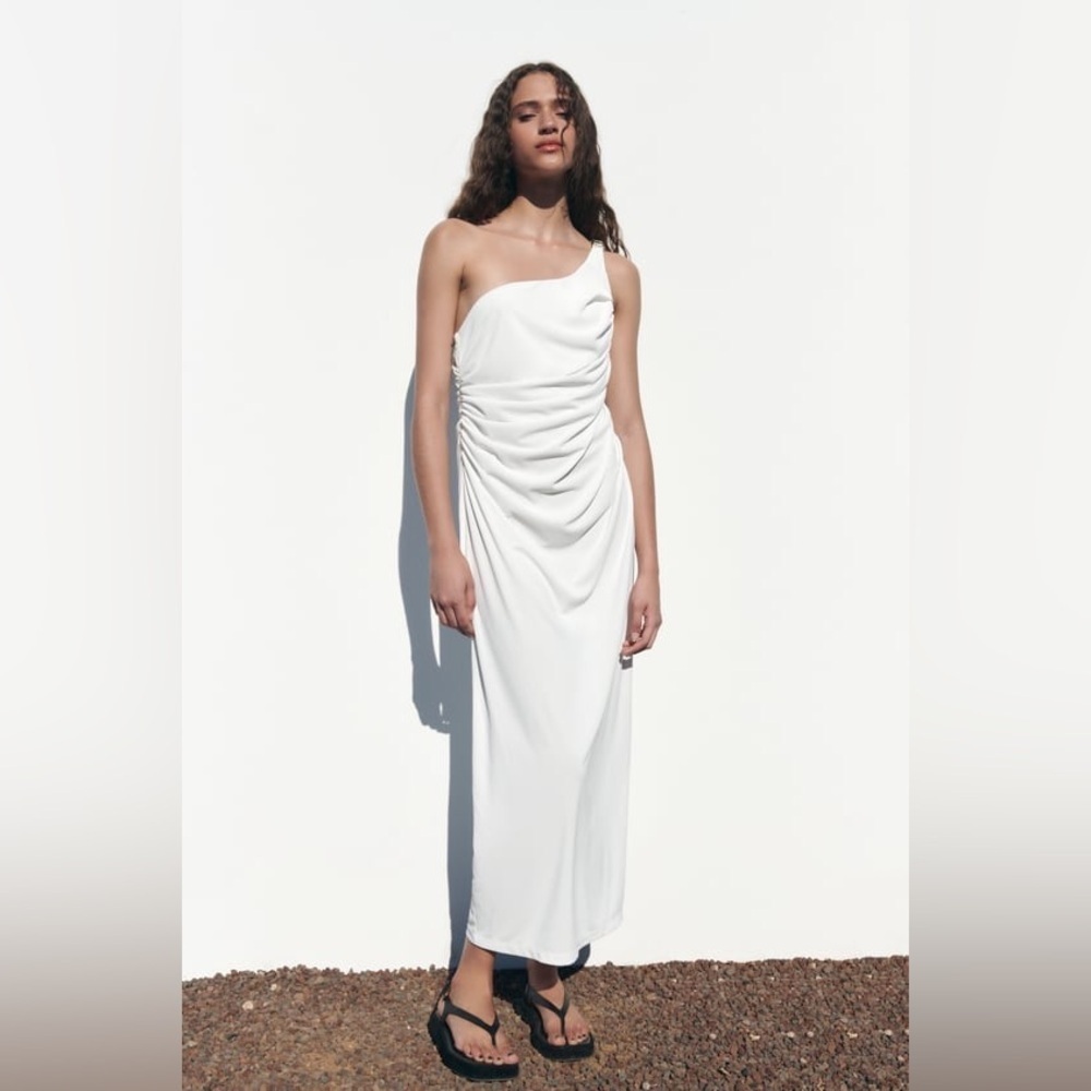 NEW ZARA 2023 WHITE MIDI DRESS WITH GATHERING SIZE M RARE